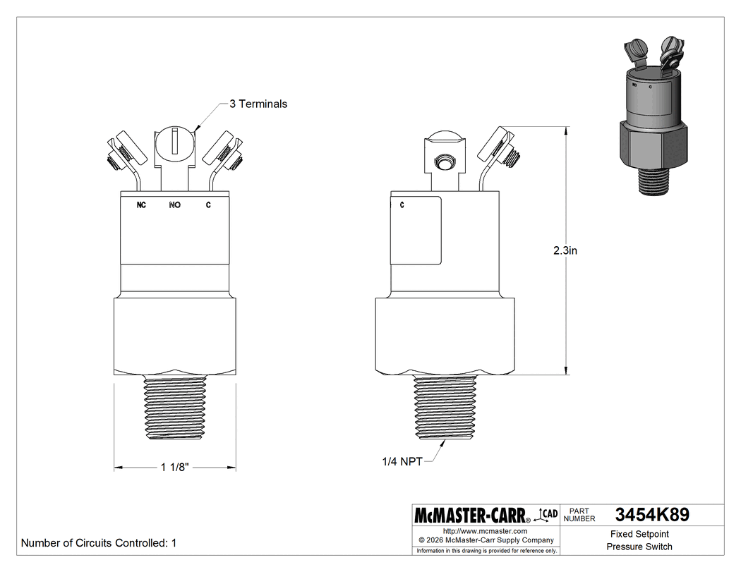 Technical Drawing of Fixed Setpoint Pressure Switch, Screw Terminals, 1/4 NPT Male Connection, 50 PSI Setpoint.